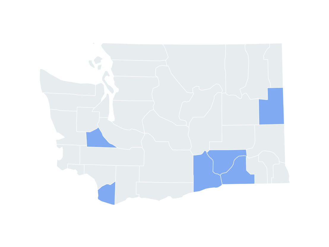 Map of Washington State Columbia and Cascade plans service area with applicable counties highlighted in blue. County names in text above. 